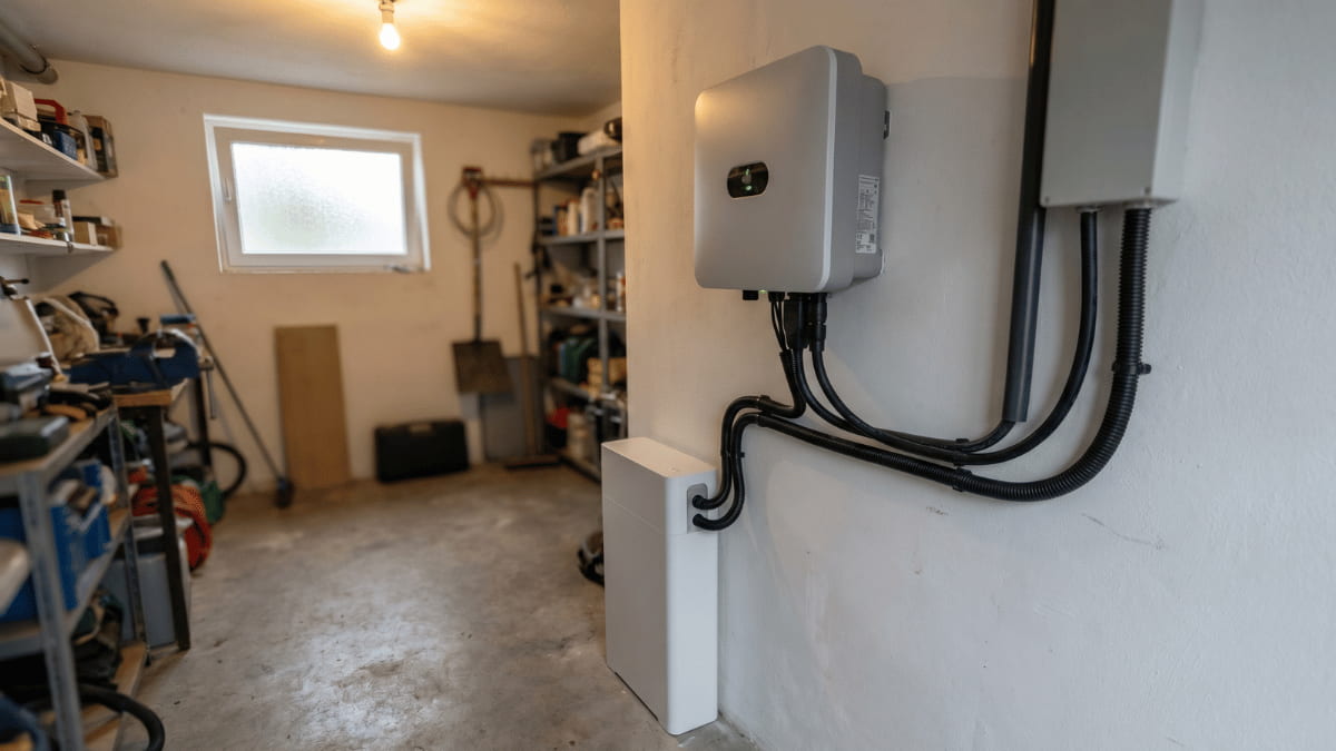 Een hybride omvormer en een compacte thuisbatterijmodule zijn met zwarte kabelgoten netjes op elkaar aangesloten tegen de witte muur van een Belgische garage met betonnen vloer en gereedschapsrekken op de achtergrond.