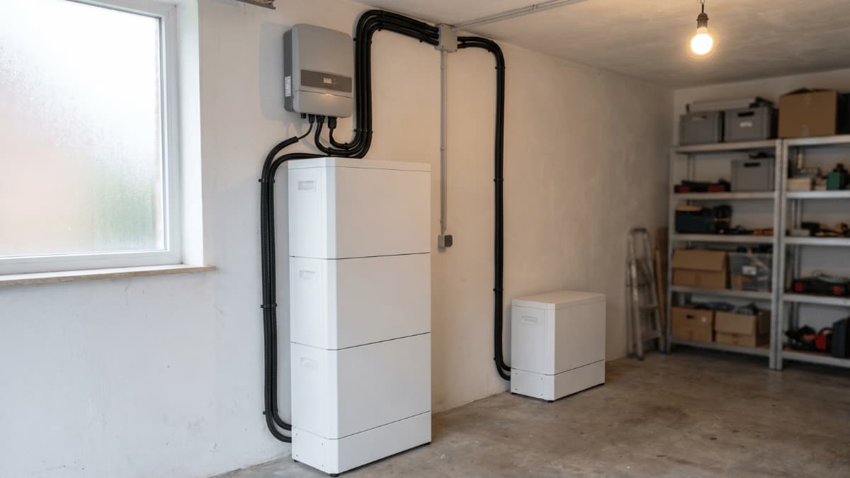 Een hoge witte batterijstapel met drie modules en een wandgemonteerde omvormer staat naast een kleinere enkelvoudige module op de betonnen vloer van een Belgische garage wat het modulaire uitbreidingsprincipe van het systeem toont.