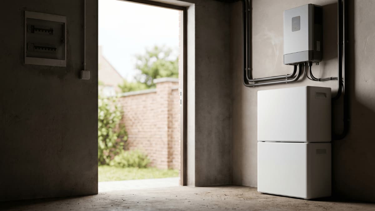 Een witte thuisbatterij met twee gestapelde modules staat op de betonnen vloer van een garage naast een wandgemonteerde omvormer en een open zekeringkast terwijl door de geopende garagedeur een groene tuin met bakstenen tuinmuur zichtbaar is.