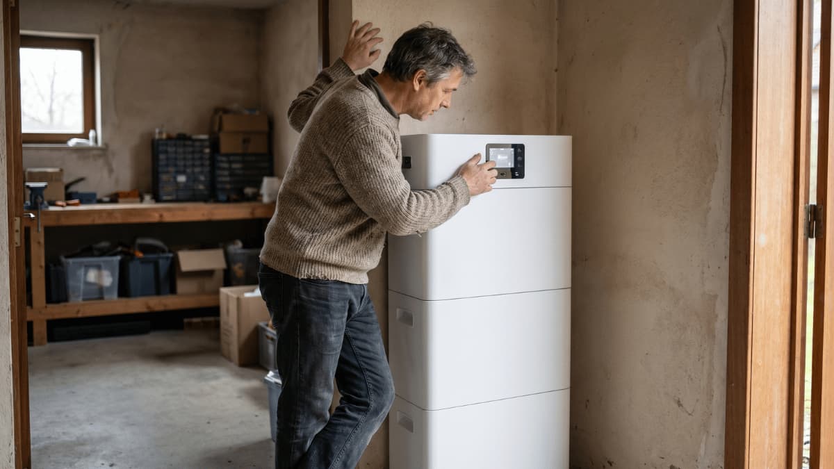 Een man in een bruine gebreide trui buigt zich naar voren om het kleine statusdisplay bovenop een witte modulaire thuisbatterij te bekijken in een Belgische garage met ruwe bepleisterde muren en een houten werkbank op de achtergrond.