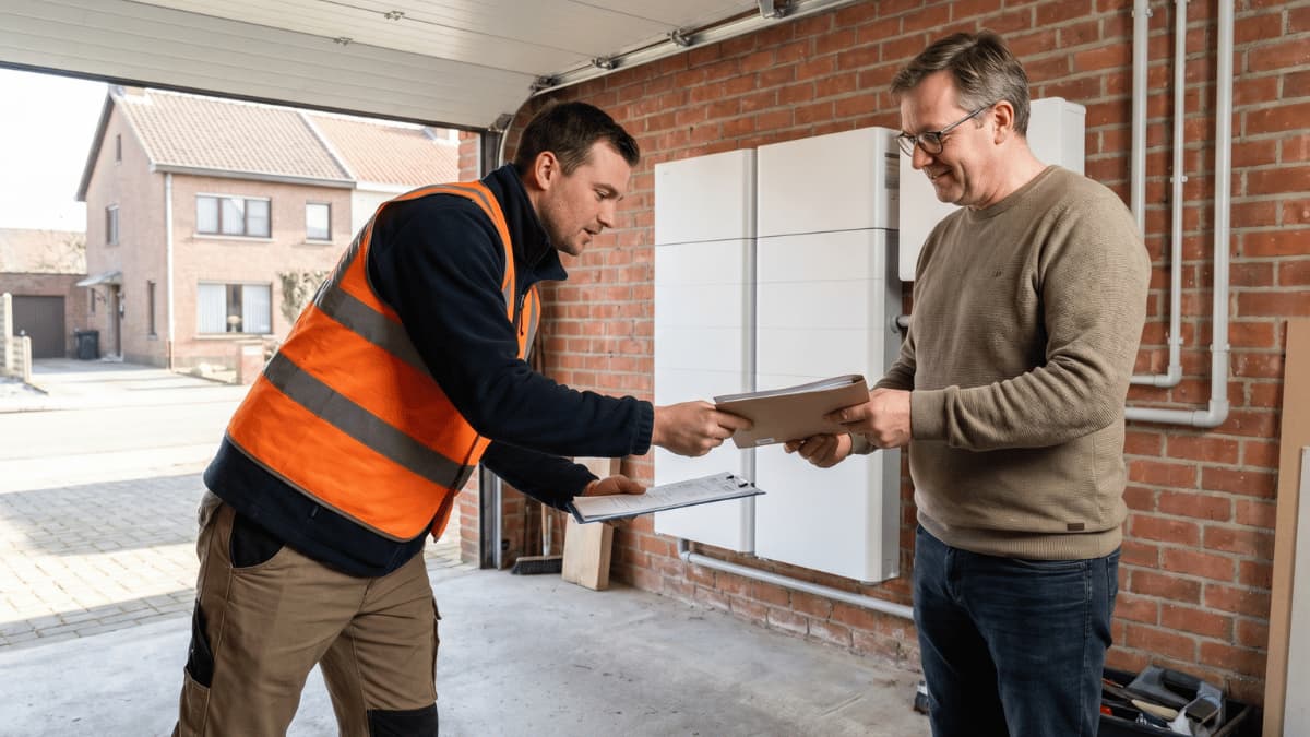 Een erkende installateur overhandigt de keuringsdocumenten aan een huiseigenaar in een garage met een wit modulair thuisbatterijsysteem tegen de bakstenen muur op de achtergrond.