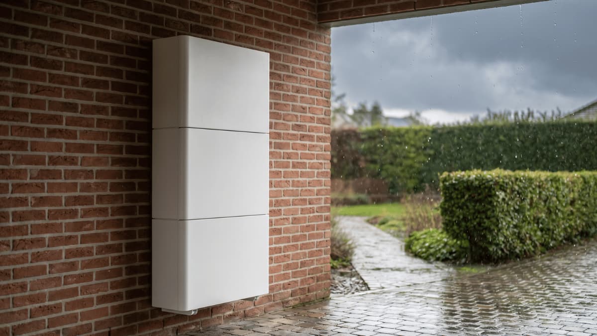 Een witte modulaire thuisbatterij van drie gestapelde modules hangt aan een rode bakstenen muur onder een overdekte carport terwijl het buiten regent op het natte tuinpad en de groene haag.