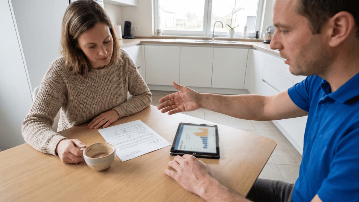 Een vrouw bekijkt een offerte aan haar keukentafel terwijl een installateur in blauw poloshirt een energiegrafiek op zijn tablet toelicht in een moderne witte keuken.