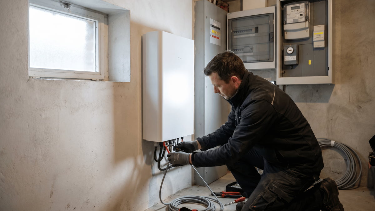 Een installateur in donkere werkkleding hurkt naast een witte thuisbatterij aan de muur en sluit de bekabeling aan in een Belgische kelderruimte met zekeringkast en digitale meter op de achtergrond.