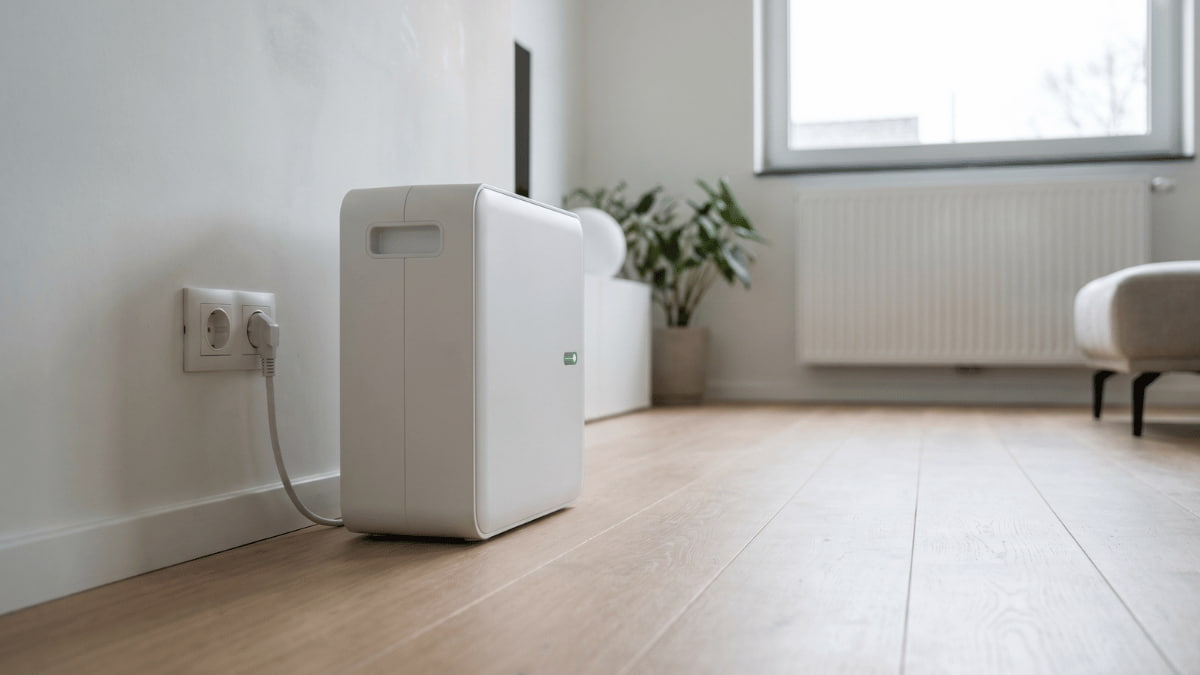 Een compacte witte plug-in thuisbatterij staat op een lichte houten vloer naast een Europees stopcontact in een moderne woonkamer met radiator en plant op de achtergrond.